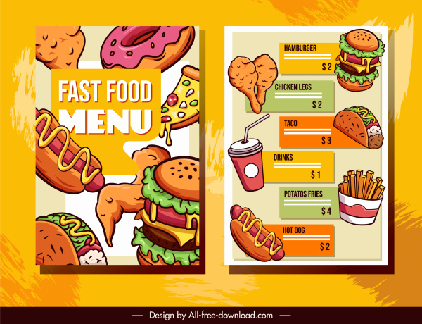 Fast-Food-Menüvorlagen bunte klassische Skizze
