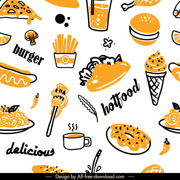 plantilla de patrón de comida rápida retro dibujado a mano boceto