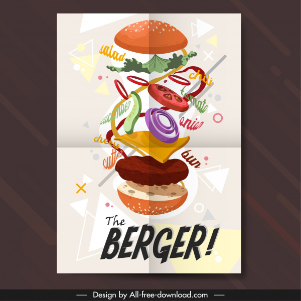 poster hamburger makanan cepat saji ikon dekorasi gerak warna-warni