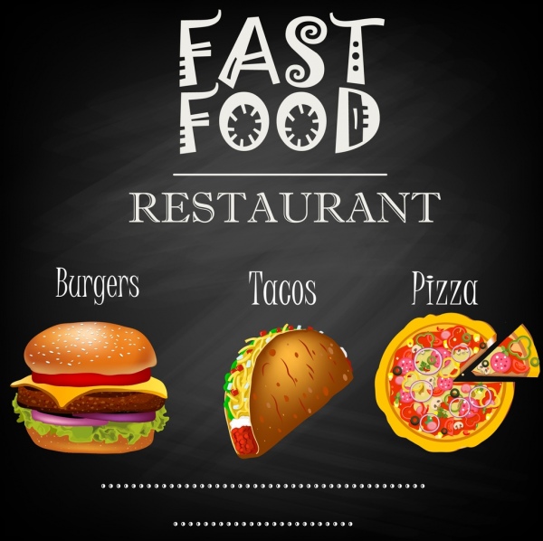 Fast-food design restaurante anúncio escuro colorido ícones