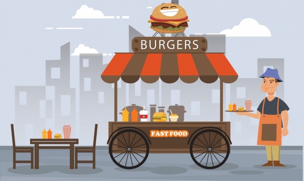 Venda de fast-food desenho desenho animado colorido do carrinho de rua