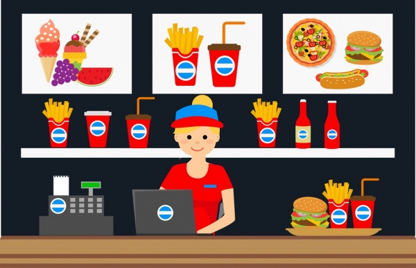 Cửa hàng quảng cáo giới thiệu thiết kế thực phẩm thức ăn nhanh.