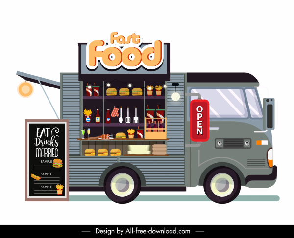makanan cepat saji truk ikon nyaman menyimpan warna-warni datar