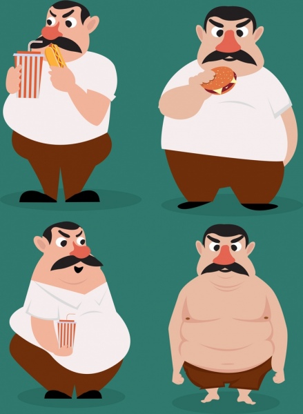 Hombre gordo gracioso personaje de dibujos animados Iconos