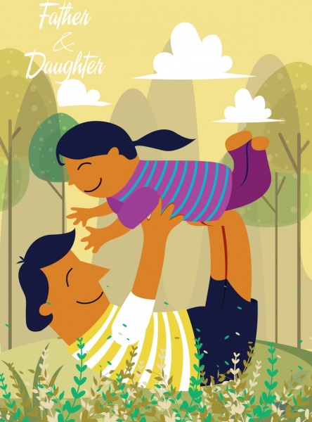 Vaterschaft Zeichnung verspielte Vater Mädchen Symbole farbige cartoon