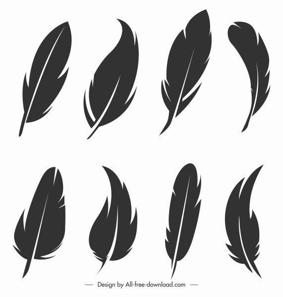 ícones penas preto branco esboço desenhado à mão