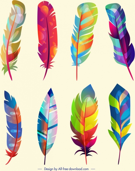 pluma coleção de ícones multicoloridos decoração fofa vertical design