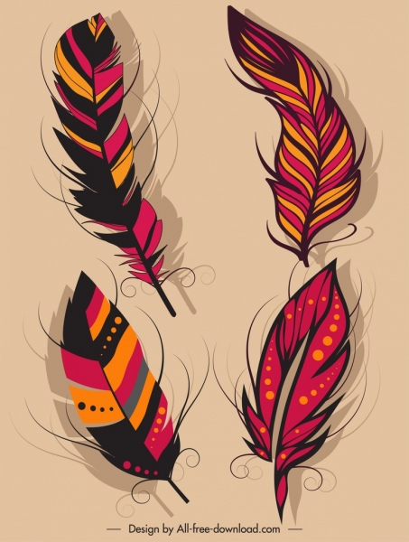 iconos de plumas decoración clásica de colores oscuros