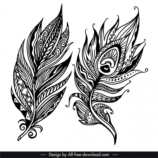 ícones penas decoração tribal preto branco clássico desenhado à mão