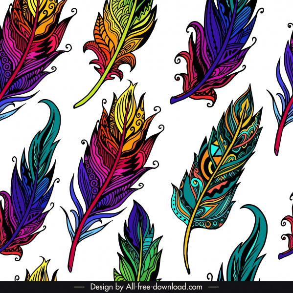 plantilla de patrón de plumas colorido boceto clásico dibujado a mano