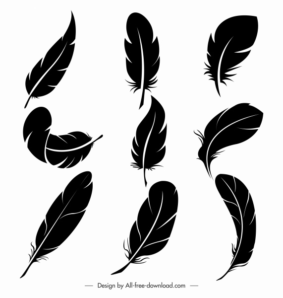 plumas iconos siluetas negras dibujado a mano boceto