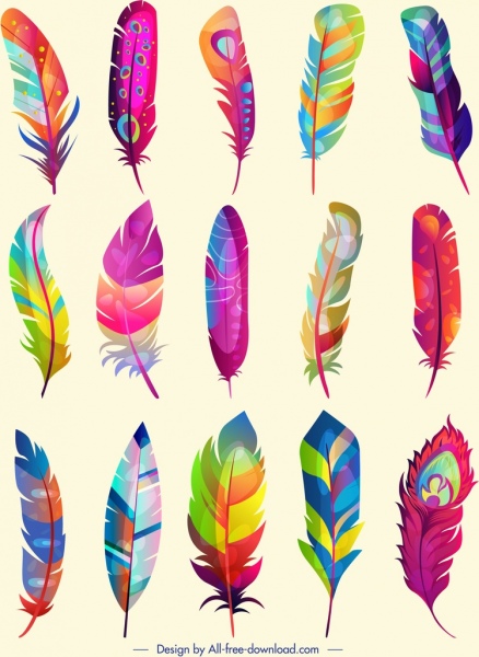penas ícones coleção decoração multicolorida fofo vertical design