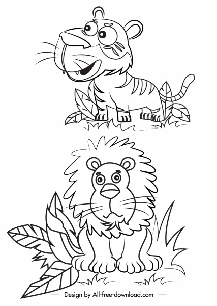 Feline Icons schwarz weiß Löwe Tiger handgezeichnete Skizze