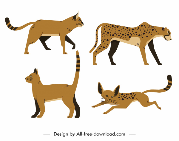 ícones de espécies felinas design retrô de cor escura