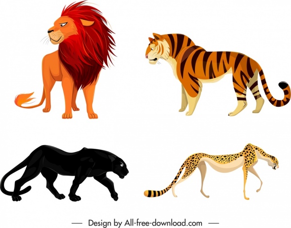 ネコ科の種のアイコン、タイガーライオン、ヒョウ、ヒョウ、スケッチ