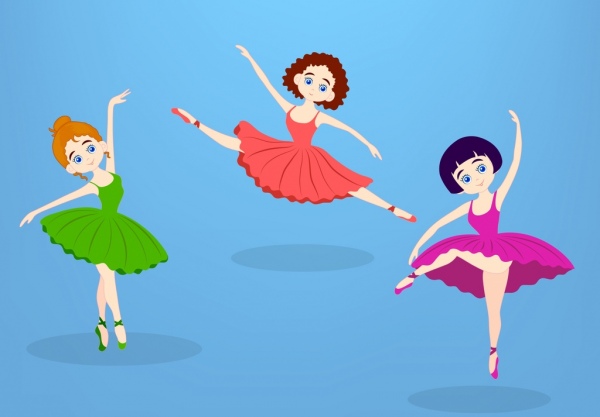 Perempuan balerina ikon berwarna gaya kartun berbagai gerakan