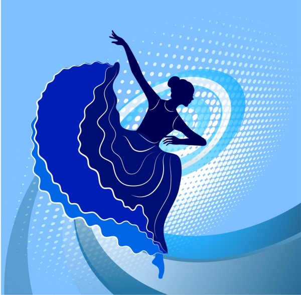 ícones de dançarino feminino azul silhueta curvada linhas de fundo