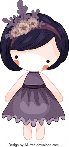 boneka perempuan ikon gaun ungu dekorasi lucu kartun sketsa
