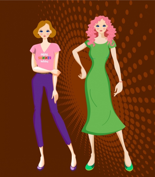 Женская мода, леди иконы цветной мультфильм дизайн рекламы
