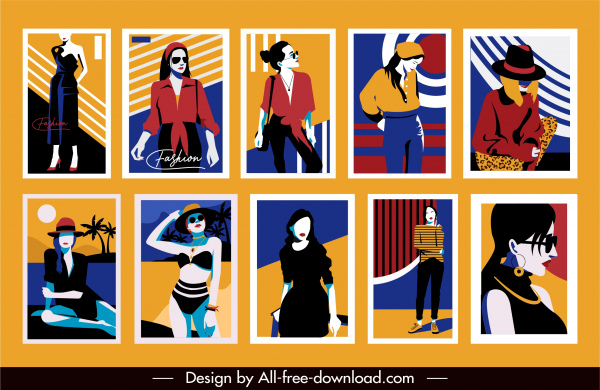 perempuan fashion banner template sketsa klasik berwarna-warni