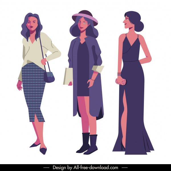 weibliche Mode-Ikonen elegante design cartoon zeichenzeichen skizze