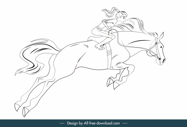 weibliche Jockey-Symbol schwarz weiß handgezeichnete Cartoon-Skizze