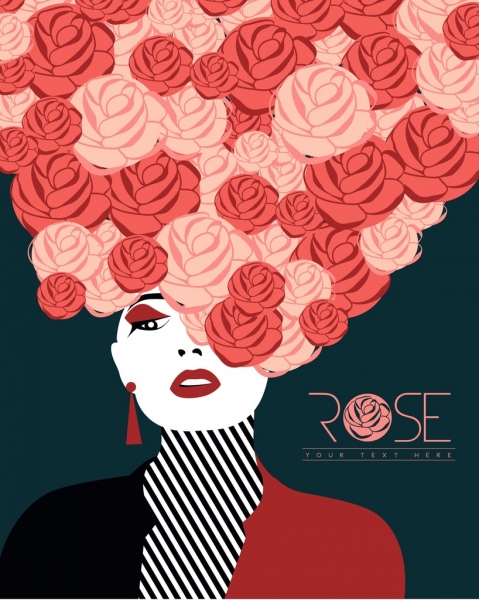 女性モデルのアイコンの赤いバラ髪スタイルのデザイン