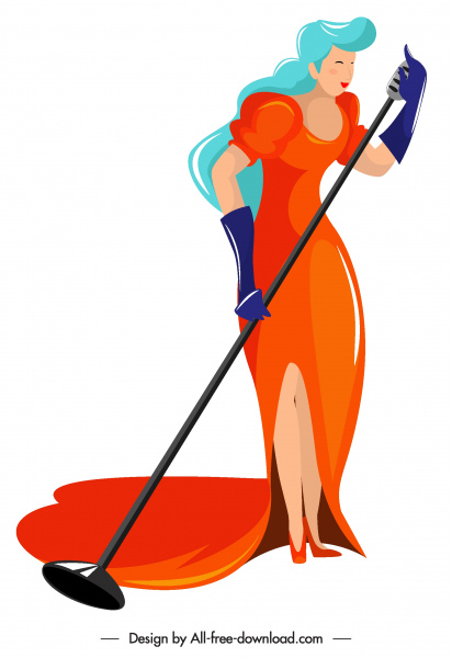 kadın şarkıcı simgesi renkli karikatür karakter Kroki