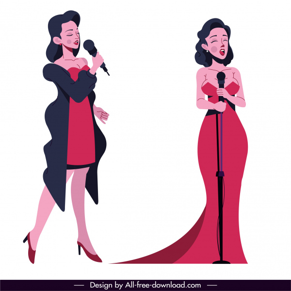 Perempuan penyanyi ikon keanggunan karakter kartun yang menarik sketsa