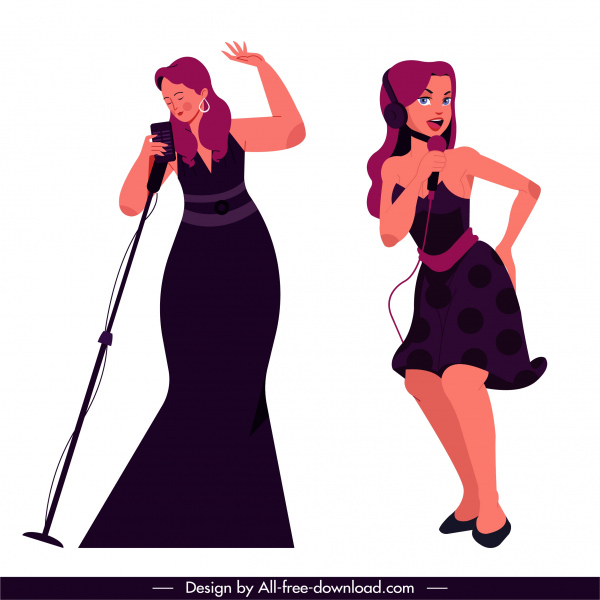 ícones de cantoras dinâmicas esboço personagens de desenho animado