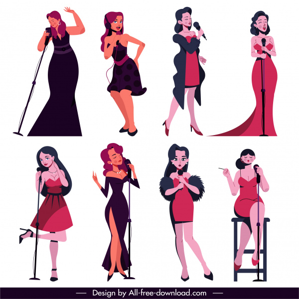 icônes de chanteurs féminins exécutant des caractères de dessin animé colorés de croquis