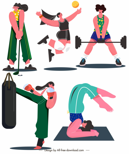 женский спорт иконки динамических персонажей мультфильма эскиз