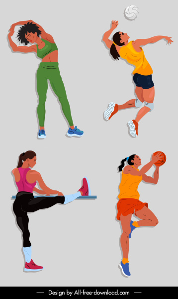 여성 스포츠 아이콘 동적 디자인 만화 캐릭터 스케치