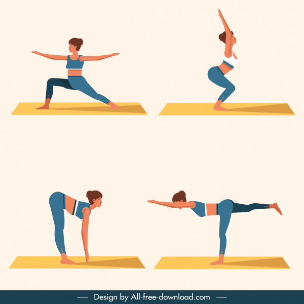 Icone di yoga femminili colorate schizzo del fumetto