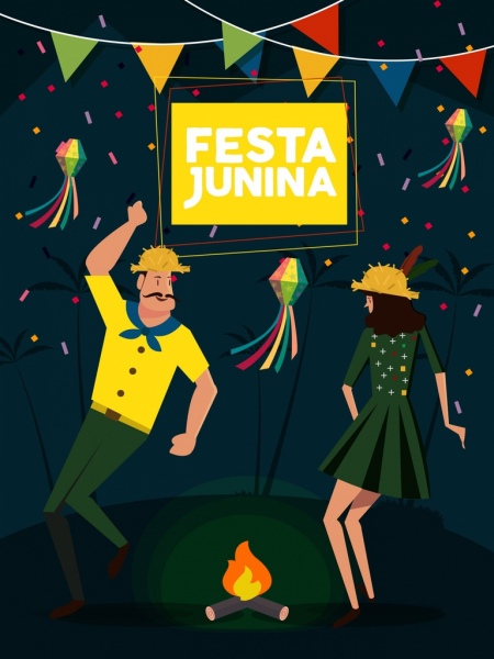 Festival Hintergrund tanzen Paar Bänder Icons Cartoon Design