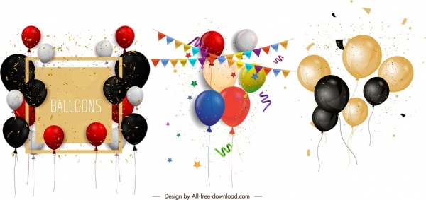 balões festivos ícones brilhantes fita colorida decoração de confete