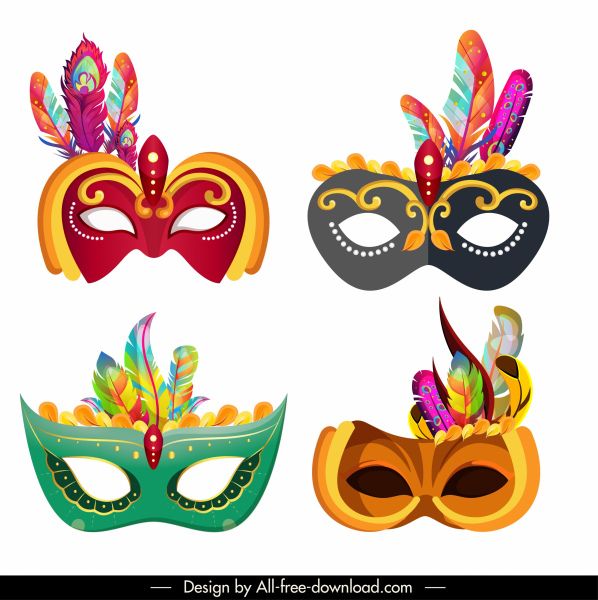 máscaras festivas iconos coloridos plumas clásicas decoración