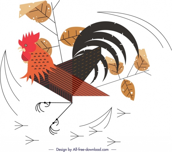 Pertempuran ayam lukisan berwarna desain flat daun ornamen