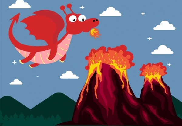 drago di fuoco disegnando icone colorate in stile cartone animato vulcano
