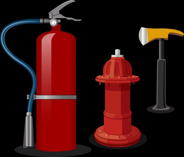 Yangın söndürme simgeler 3d renkli gerçekçi tasarım