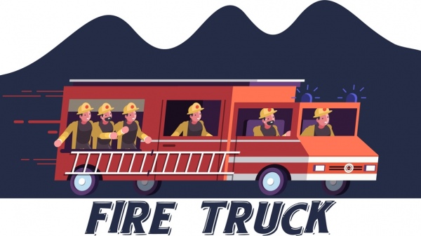Lutte contre l’incendie bannière camion pompiers icônes personnages de dessins animés