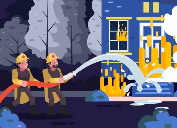 Feuer kämpfen Malerei Feuerwehrleute Gebäude Schlauch Wasser Symbole