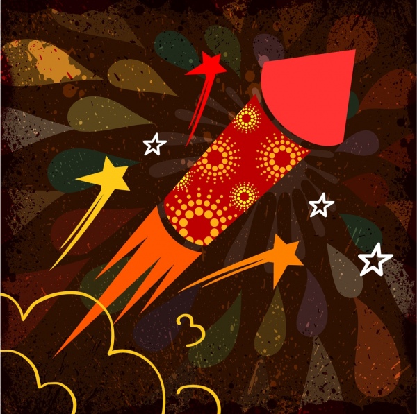kembang api latar belakang roket dekorasi warna-warni vignette gaya desain