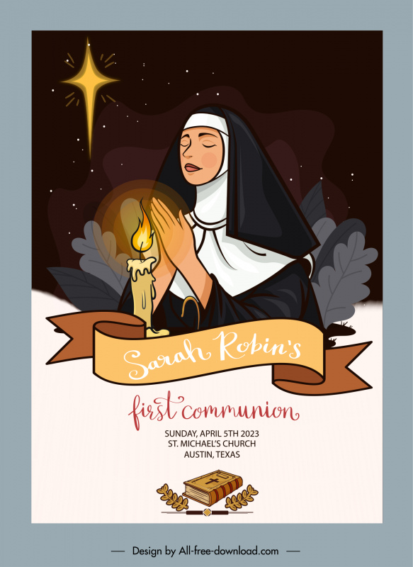 ilk cemaat daveti Hıristiyanlık afiş şablonu Katolik kız kardeş mum kurdele eskiz karikatür tasarımı