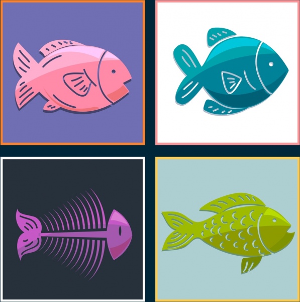 фон рыбы устанавливает плоские цветные значки четырехгранник изоляции