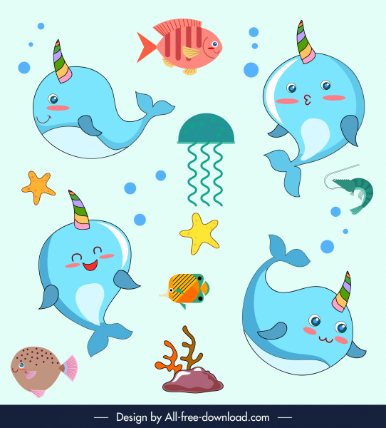 ícones de criaturas, personagens de desenhos animados bonito desenho de peixe