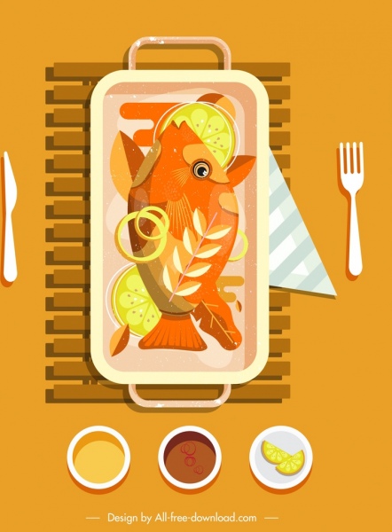 생선 요리 그림 클래식 컬러 디자인