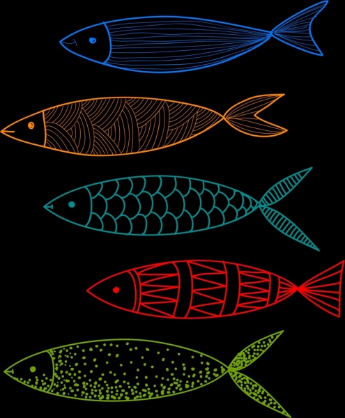 menggambar sketsa datar gelap warna-warni ikan