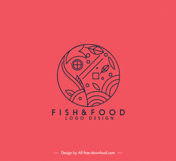modelo de logotipo de comida de peixe clássico desenhado à mão esboço plano