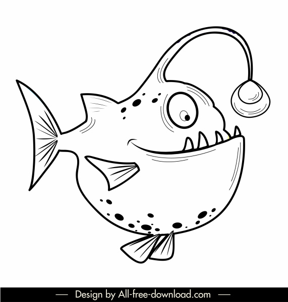 물고기 아이콘 플랫 블랙 화이트 핸드 그린 스케치